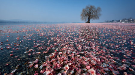 Tranquil lake scene, covered with thousands of floating, pale pink flower petals.  A lone, leafless tree stands sentinel at the water's edge.  The clear water reflects the vast, serene blue sky above.  The shoreline is scattered with small stones.の素材