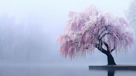 Solitary flowering tree with beautiful pink blossoms stands on a small platform in a serene misty landscape over a calm lake. The colors are soft and pastel with a delicate beauty.の素材