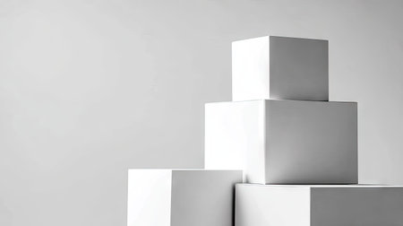 Close-up view of a stack of three white cubes set against a plain light gray background. The cubes are arranged in a slightly staggered formation, creating a sense of depth and visual interest. The overall aesthetic is clean, modern, and minimalist. The lighting is soft and diffused, highlighting the shapes and textures of the cubes without harsh shadows.の素材