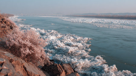 Riverside scene featuring a rocky bank covered with flowering shrubs overlooking a river with large pieces of ice floating on the water.  The ice floes and the pink blossoms create a beautiful winter-spring contrast.の素材