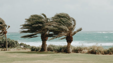 Two palm trees swaying in the wind on a grassy coastal area with an ocean view. Lush greenery and a backdrop of calm ocean water.の素材