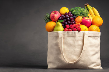 Light beige reusable shopping tote bag overflowing with a variety of fresh fruits and vegetables, including apples, oranges, bananas, grapes, pears, berries, and broccoli. The bag is positioned against a dark gray backdrop.の素材