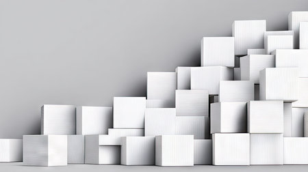 Three-dimensional arrangement of various sized white cubes arranged in an abstract pattern against a gray backdrop. The cubes are tightly packed and layered, creating a sense of depth and visual complexity. The overall impression is one of minimalism and modern design.の素材