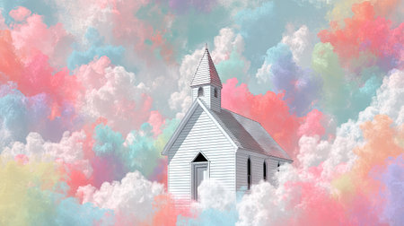 Whimsical illustration of a white church situated atop a bed of vibrant pastel colored clouds. The image evokes a sense of peace and serenity, using soft colors and a dreamlike quality.の素材