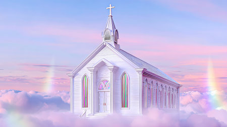 Stylized, digitally rendered illustration of a white church set on top of soft, pastel-colored clouds against a sky filled with soft pastel colors and a rainbow. The church has a classic design with pointed arches.の素材