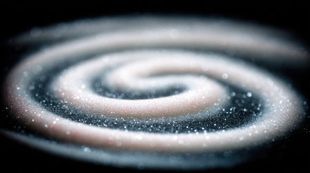 Close-up view of a spiral pattern formed by a glittering substance.  The substance appears to be a mixture of light gray and white glitter, arranged in concentric rings on a black surface. The image is well-focused and shows the detailed texture and sparkle of the material.の素材