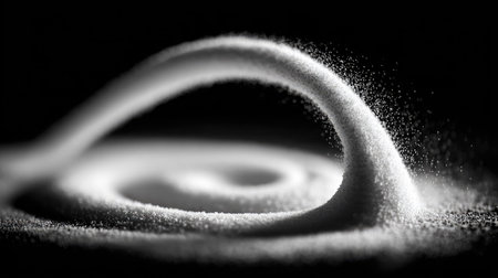 Close-up image of a flowing white material creating a unique, swirling, arching form against a black background.  The material appears granular and in motion, emphasizing its dynamic form and textures. The image is presented in grayscale, exhibiting excellent detail and a highly stylized composition.の素材