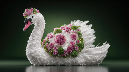 White swan sculpture is intricately crafted with a collection of pink and white flowers and greenery. The flowers form a beautiful arrangement around the swan's body and head, adding to the overall aesthetic appeal of the artwork. The figurine has a detailed and realistic texture, resembling feathers and fur.の素材