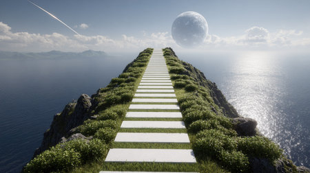 Surreal pathway leads to the horizon over a vast ocean, with a moon visible in the sky. The path is constructed of white slabs and the pathway edge is lined with lush vegetation, sitting atop the edge of cliffs.の素材