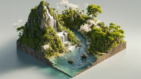 Isometric illustration of a miniature tropical island, complete with a cascading waterfall, lush foliage, and small boats navigating a river winding through the landscape. The island is meticulously detailed, showcasing the interplay of land and water.  The style is highly stylized and realistic.の素材