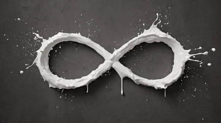 Infinity symbol is formed from a white liquid splash against a dark gray background.  The liquid has a textured appearance with splashes and drips. The overall effect is modern, artistic, and visually engaging.の素材