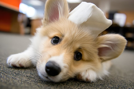 Small, fluffy, light brown and white puppy is lying on a textured floor. The puppy has a small white hat on its head. The image shows the details of the puppy's face, fur, and paws.の素材