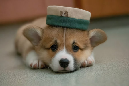 Close-up of a small, reddish-brown puppy resting on a gray surface. The puppy is wearing a light beige sailor's style hat with a dark green band.の素材