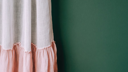 Close-up view of a sheer white curtain with a pink ruffled trim against a deep teal wall. The fabric appears soft and delicate, with the ruffles adding a decorative element. The wall color is a deep teal or dark green.の素材
