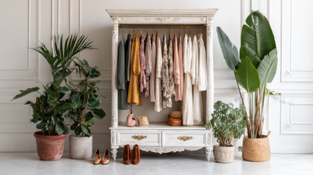 Well-organized wardrobe filled with colorful clothing displayed on hangers, accessorized with stylish plant arrangements in various pots.  Several pairs of shoes and accessories are displayed at the bottom. The wardrobe sits in a light, airy room.の素材