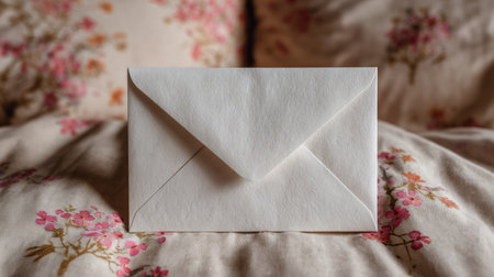Blank, white envelope is positioned on a bedspread adorned with a delicate floral pattern. The envelope's folds and texture are visible. The lighting is soft, casting subtle shadows on the fabric and the envelope.の素材