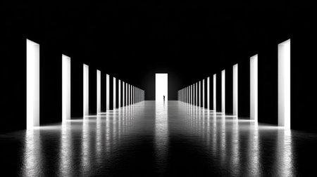Black and white image of a long hallway.  Numerous doors are evenly spaced, and light beams from each door into the hall. The hallway leads to a bright space.  The floor reflects the light from the doors.  The overall feeling is one of mystery and endless possibilities.の素材
