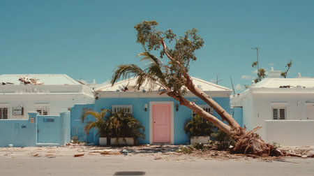 Street scene depicting the aftermath of a storm.  Two buildings, one light blue and one white, show damage from a fallen tree.  The fallen tree rests on the ground in front of the houses, with debris strewn about.の素材
