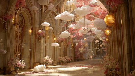 Detailed interior shot of a long hallway. The walls are beige stone, and the floor is light-colored stone.  The space is filled with decorative clouds and pink flowers hanging from the arches of the ceiling.  Warm, golden lighting enhances the romantic ambiance.の素材