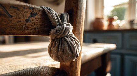 Close-up view of a tied fabric ornament, likely a decorative fabric pouch or small bag, on the back of an antique wooden chair.  The chair's wood shows signs of age and wear.  Natural light casts a warm glow on the scene.の素材