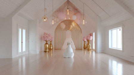 Spacious, white interior with pastel pink accents and gold decor elements.  The room features a large arched area with flower arrangements and decorative vases, as well as pendant lights and large windows.  The space is light and airy, perfect for photography or events.の素材