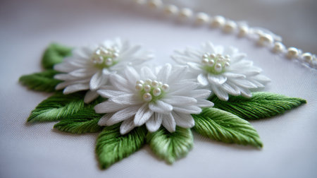 Close-up view of a piece of embroidery.  Two white flowers are depicted,  with detailed green leaves and small white pearls. The stitches are visible, creating a delicate texture and detailed design. The flowers are positioned on a light-colored fabric or textile.の素材