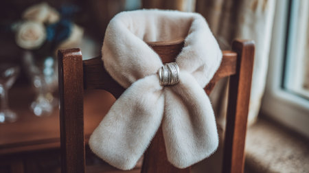 Cream-colored faux fur stole, featuring a decorative silver ringed knot, is draped around the wooden back of a chair.  The image highlights the texture and detailing of the stole and the warm tones of the interior setting.の素材