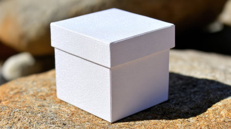 Small, white, square gift box with a textured surface, placed on top of a natural stone background. The focus is on the box and its texture, with the rocks serving as a neutral backdrop. The lighting highlights the surface details of the box.の素材