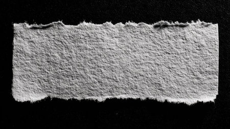 Close-up view of a piece of torn gray paper against a black backdrop. The paper exhibits a noticeable textured surface.の素材
