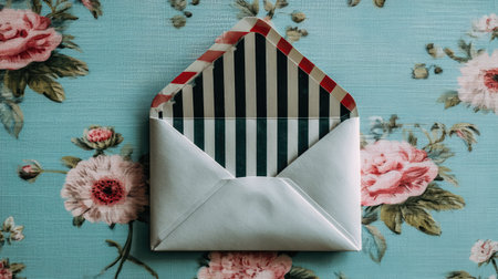 Light gray/white envelope with a black and white striped design and red accents is laid open on a light teal floral fabric. The focus is on the envelope and its detail on the patterned background.の素材