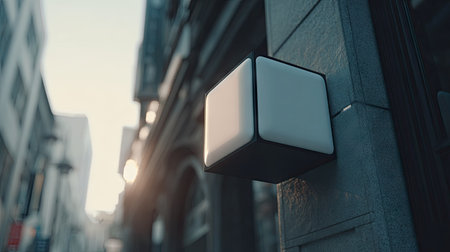 Blank square sign, mounted on the side of a city building, against a blurred urban background. The sign's background is white, and the frame is black. Sunlight filters through the scene.の素材