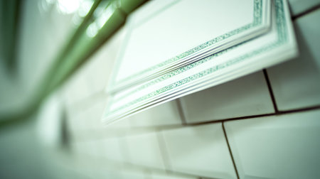 Stack of documents with a green border design is hanging on a wall covered with white rectangular tiles. The documents are layered and create a close-up image.  The lighting and focus are on the documents and wall.の素材