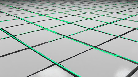 Digital illustration featuring a grid pattern of squares, with bright lines of glowing light green color running through them. The perspective creates a sense of depth and movement. The style is geometric and modern.の素材