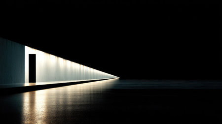 Long, empty concrete hallway with a single dark door.  Light from a source at the far end illuminates the hallway, creating a dramatic contrast between the light and the dark areas.  The hallway's floor is a dark concrete, reflecting the light.の素材