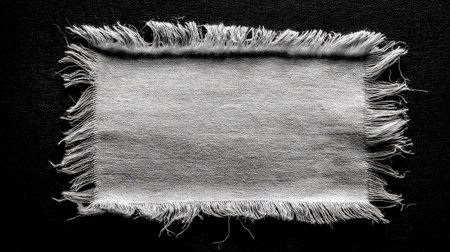 Rectangular patch of light-gray fabric with frayed edges against a black background. The fabric texture and frayed edges are prominent features.の素材