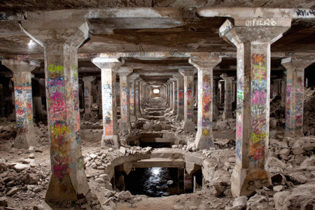 Long, subterranean tunnel with crumbling concrete walls and pillars. The walls are covered in vibrant graffiti.  The space is filled with debris, and the ground is uneven and covered in dirt and rocks.  A small pool of water is visible in the center of the tunnel.の素材