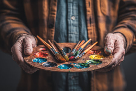 Close-up of a person's hands holding a wooden 's paint palette with various colors of paint and paintbrushes. The palette is filled with different pigments, showcasing a range of colors. The image focuses on the palette and the 's hands, highlighting the details and textures.の素材
