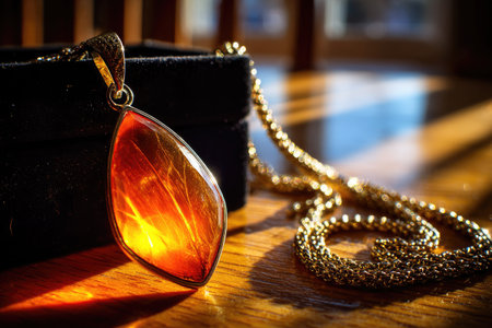 Close-up of an orange gemstone pendant with a gold chain. The pendant is resting on a wooden surface, and the light creates highlights and shadows. The image showcases the intricate details of the gemstone and the chain.の素材