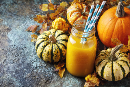 Glass jar filled with a vibrant orange beverage is surrounded by various gourds, including pumpkins and small gourds, along with colorful autumn leaves on a textured surface.  The image evokes the feeling of the fall season.の素材