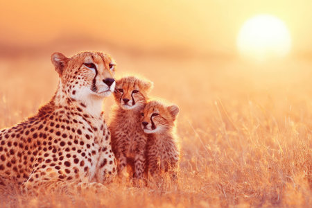 Cheetah mother and two cubs rest in a field of tall grass as the sun sets, bathed in warm golden light. The image highlights the tenderness and connection between the mother and her young.の素材