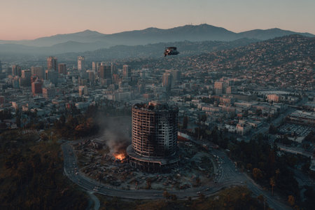 High-angle, wide shot of a city experiencing devastation, with a ruined skyscraper and fire in the foreground. Surrounding areas show signs of damage with various damaged buildings. The image captures the vastness of the damage and the general desolation.  A sense of emptiness and abandonment is evident in the scene.の素材