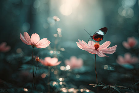 Beautiful butterfly is perched on a delicate, light pink flower. The background is a soft teal/teal-green bokeh, creating a serene and peaceful atmosphere. The image focuses on the beauty of nature, in particular the close-up details of the flower, butterfly, and lighting.の素材