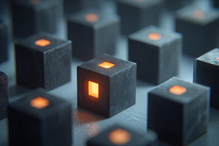 Close-up view of a series of dark gray cubes arranged in a grid pattern.  Each cube has a glowing orange square in the center, creating a visual effect. The lighting and perspective add depth and interest to the image. The overall impression is one of technology and modern design.の素材
