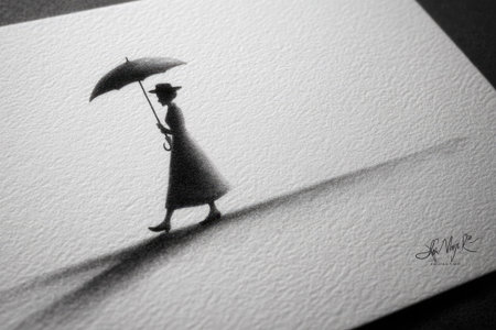 Detailed grayscale drawing of a woman holding an umbrella, rendered in a style that emphasizes shadows and depth.  The figure and umbrella are depicted as a silhouette, with shading creating a sense of three-dimensional form on a textured paper surface.の素材