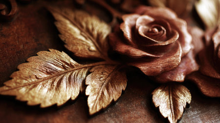 Detailed close-up view of a wood carving featuring a rose and leaves, with a golden hue. The intricate detail of the carving is evident, showcasing the skill of the artisan. The piece appears to be vintage or antique in style, characterized by its rich, dark brown tones, contrasted by the highlighted gold leaf accents on the leaves.の素材