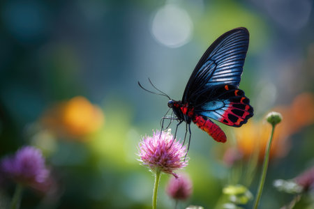 Close-up view of a butterfly with vibrant red, blue, and black wings perched on a small, pink flower.  The background is softly blurred with other flowers and foliage. The image showcases the intricate detail of the butterfly's wings and the delicate structure of the flower.の素材