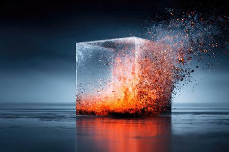 Transparent cube sits on a reflective surface, and within the cube is a fiery explosion of particles in various shades of orange and red. The explosion is radiating outwards, creating a dynamic visual effect against a dark background. The reflection of the cube and explosion is visible on the surface below.の素材