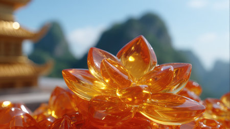 Close-up of an orange, translucent lotus flower design, likely made of glass or crystal. The intricate details of the flower petals are visible, and the light reflects off the surface, creating a vibrant, glowing effect.  The background is a blurred image of mountains and a golden pagoda, adding to the overall aesthetic.の素材