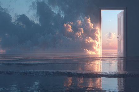 Digital illustration depicting a doorway leading to a beautiful seascape. The door is situated within a room with water reflecting the sky. The sky displays an array of clouds with warm sunset tones.  The scene is serene and evokes a feeling of tranquility.の素材