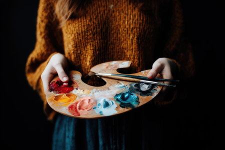 Close-up image of a wooden 's palette filled with various vibrant colors of paint, held by a person's hands.  Paint brushes are also visible in the image.の素材